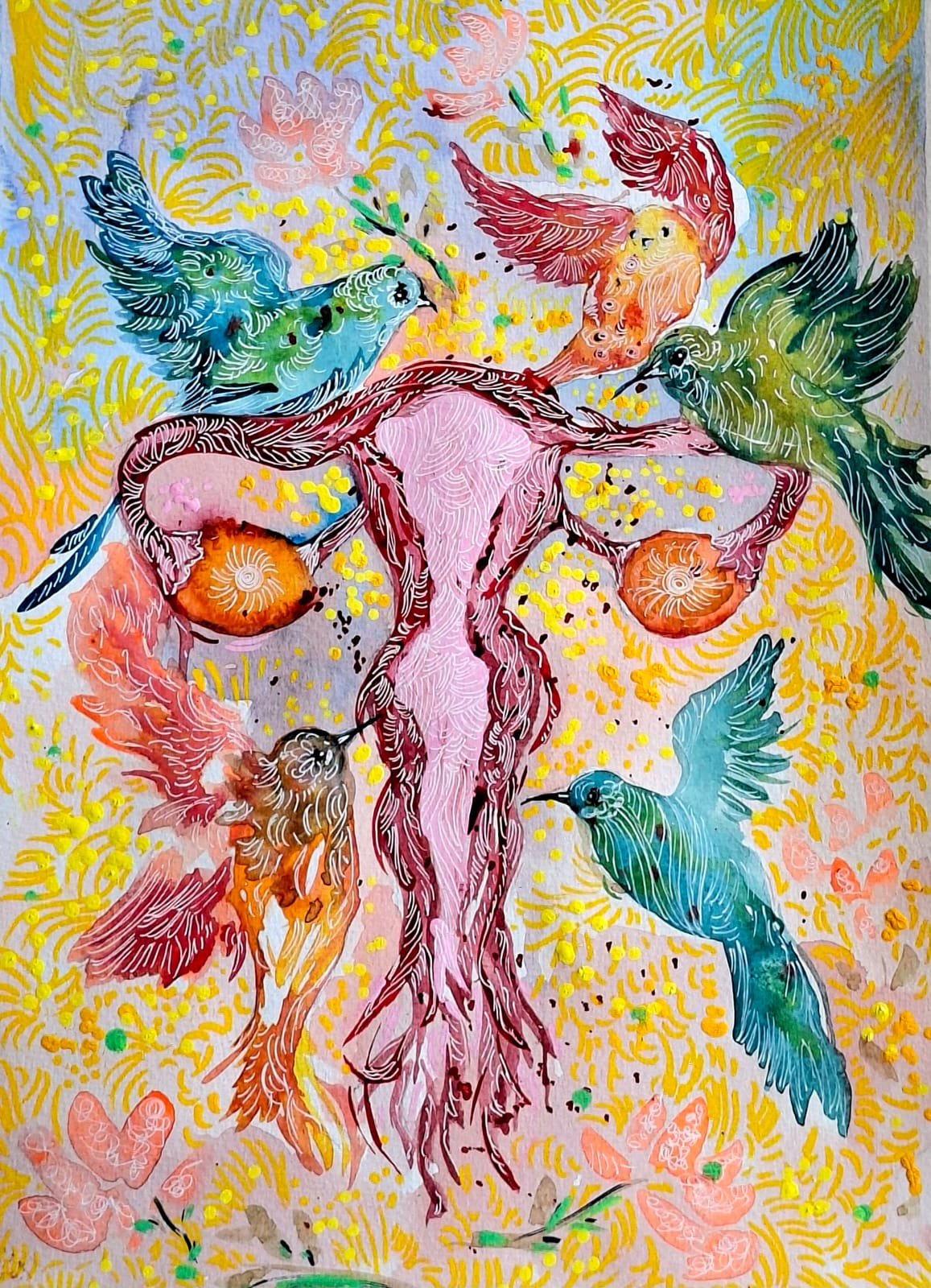 Aquarela de Alice Xavier: &uacute;tero em tons de rosa e vinho cercado por p&aacute;ssaros coloridos em fundo amarelo vibrante