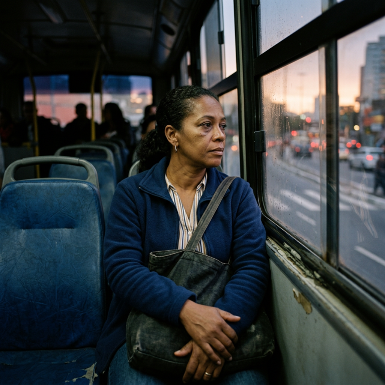 Trabalhadora brasileira no &ocirc;nibus ao amanhecer